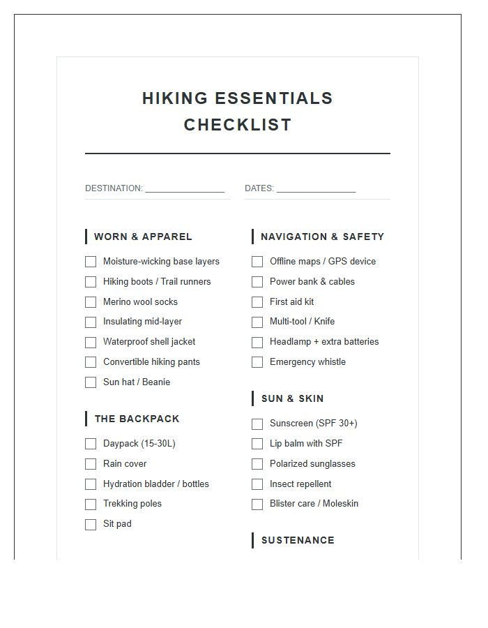Printable Hiking Vacation Travel Essentials Packing Chart Checklist