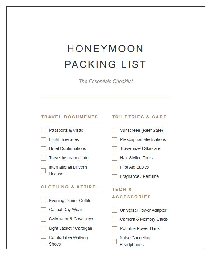Printable Honeymoon Vacation Essentials Packing Chart Checklist