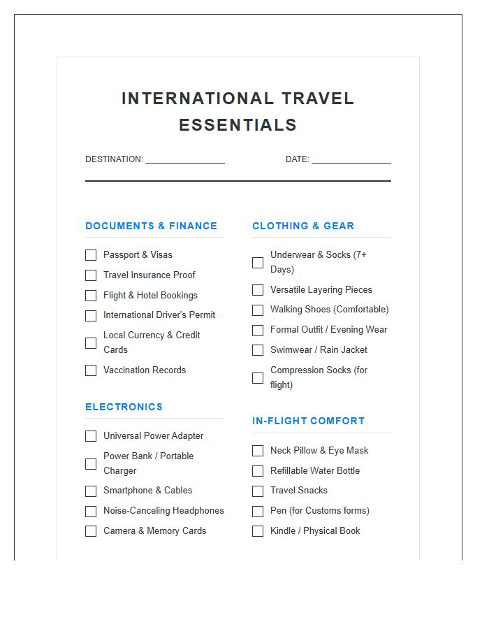 Printable International Travel Essentials Vacation Packing Chart Checklist