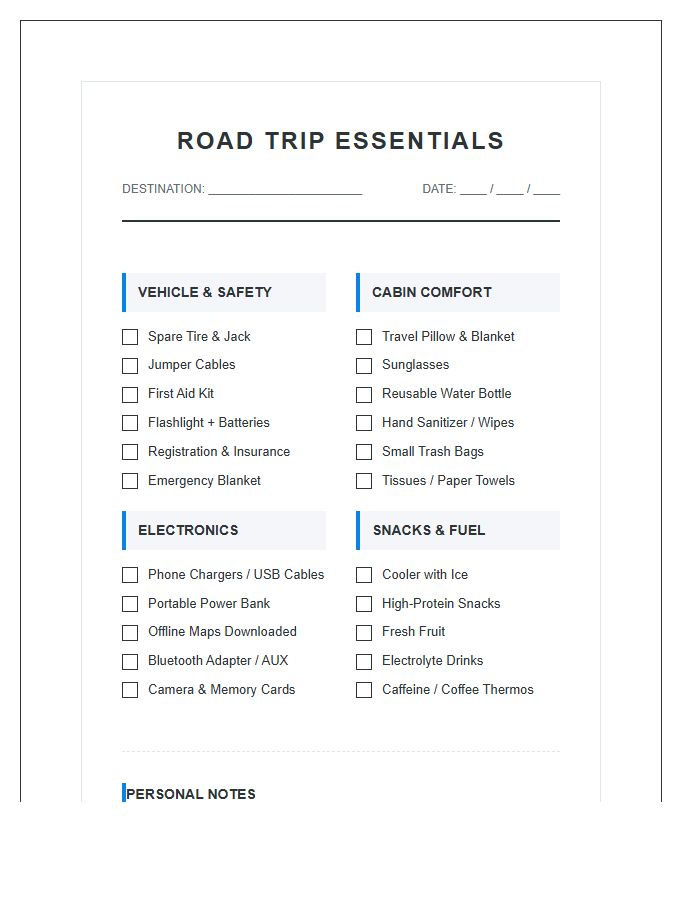 Printable Road Trip Essentials Vacation Packing Chart