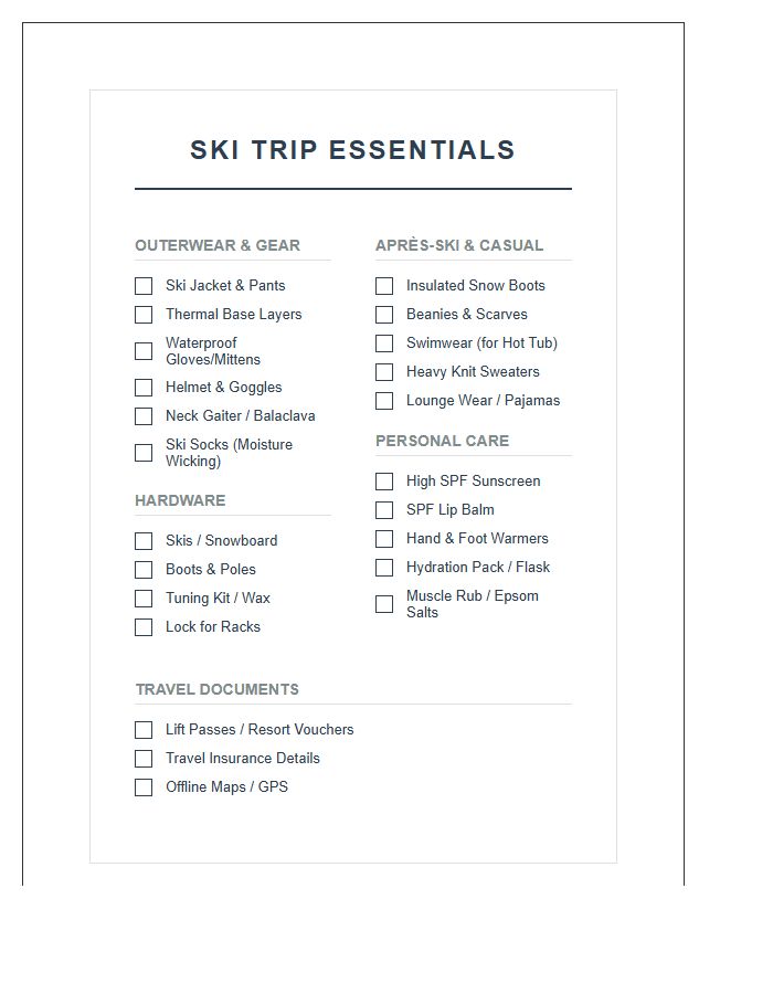 Printable Ski Trip Travel Essentials Packing Chart