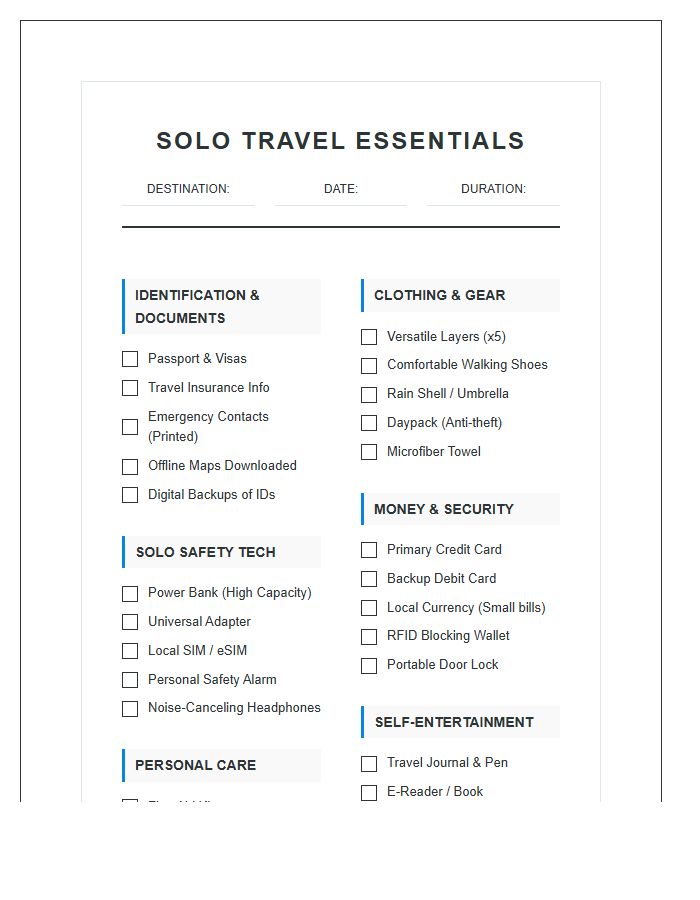 Printable Solo Travel Essentials Vacation Packing Chart Checklist