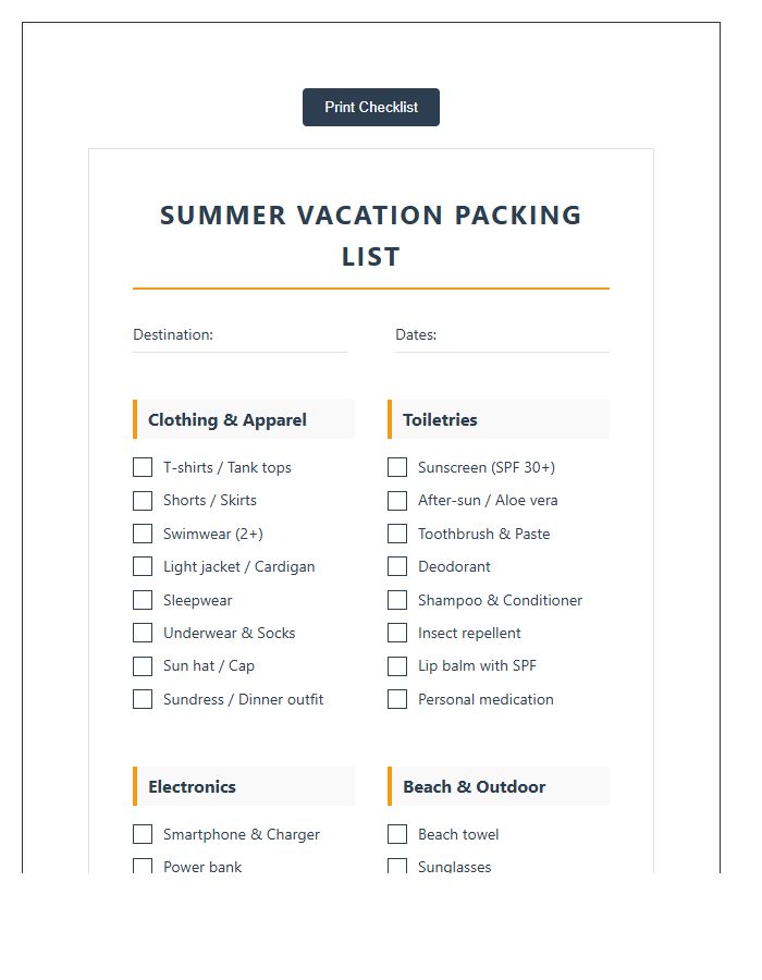 Printable Summer Vacation Packing Chart Checklist