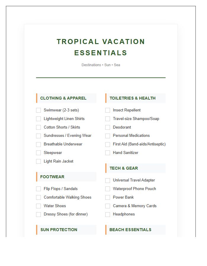 Printable Tropical Vacation Essentials Packing Chart Checklist