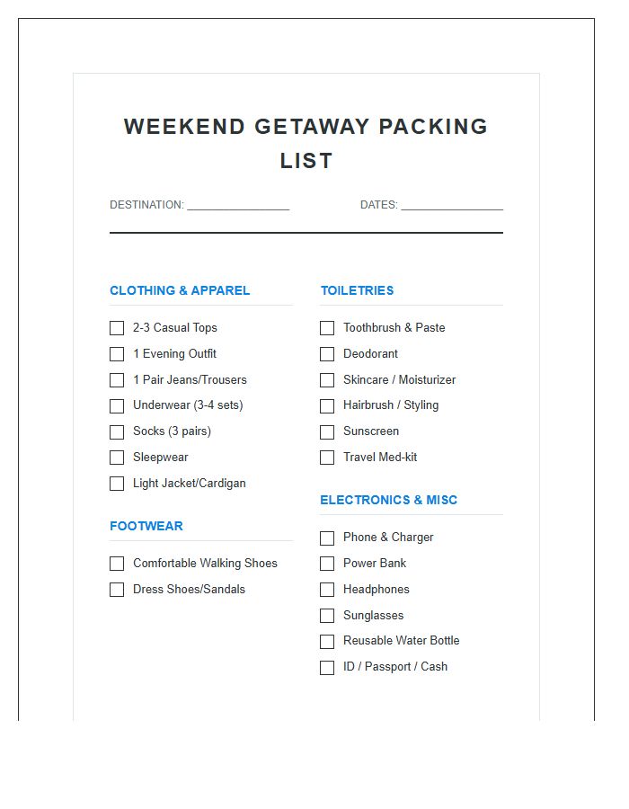 Printable Weekend Getaway Travel Essentials Packing Chart