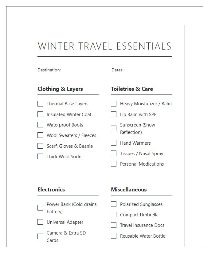 Printable Winter Travel Essentials Vacation Packing Chart