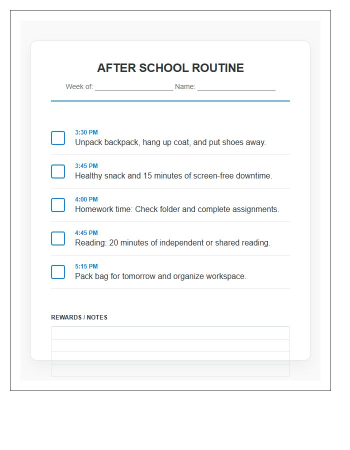 After School Homework Routine Printable Chart