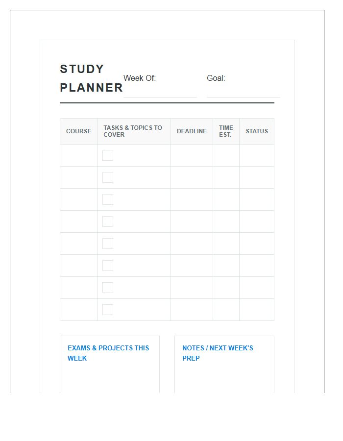 College Student Study Planner Printable Chart
