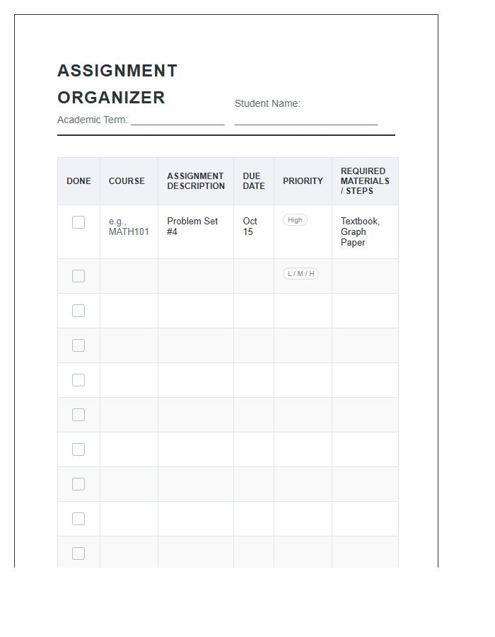 Comprehensive Assignment Organization Printable Chart