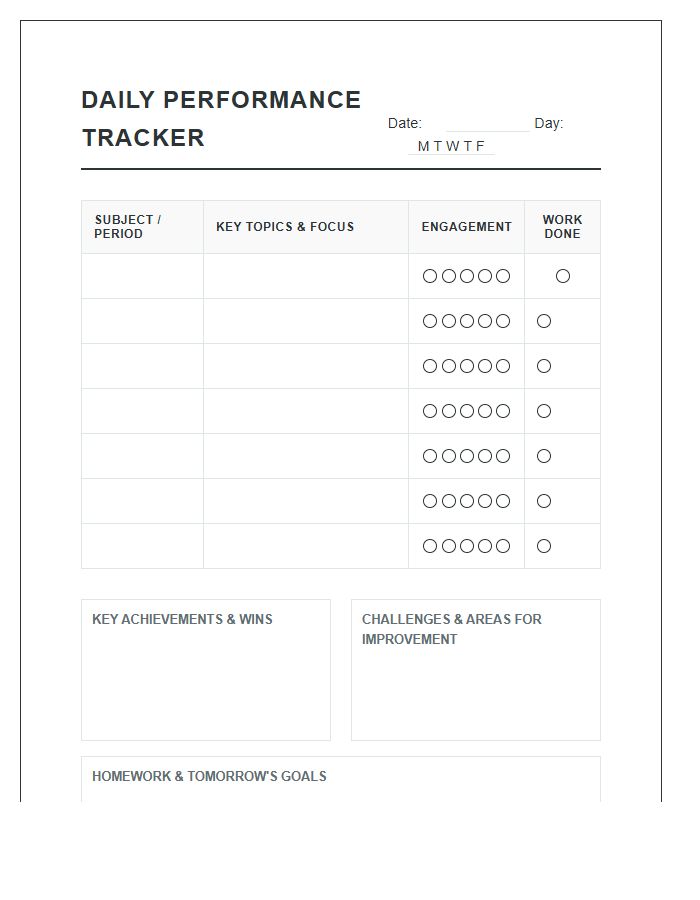 Daily Academic Performance Printable Chart