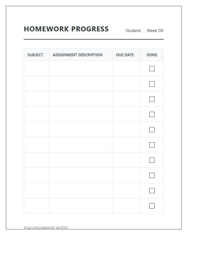 Daily Student Homework Progress Printable Chart