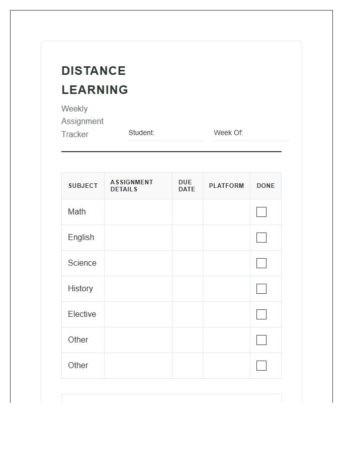 Distance Learning Assignment Printable Chart