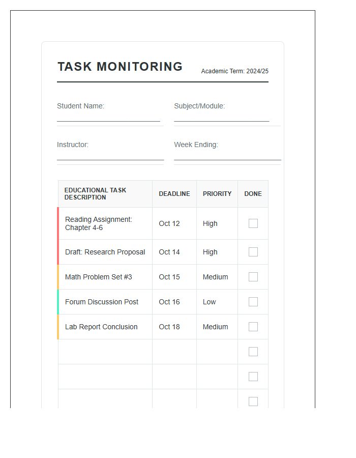 Educational Task Monitoring Printable Chart