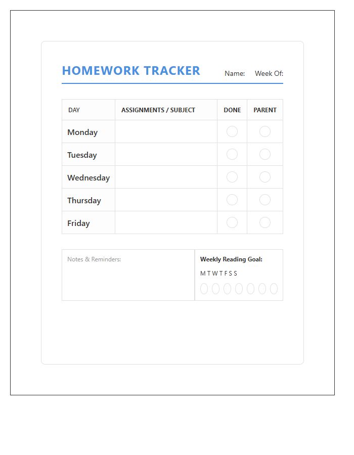 Elementary School Homework Tracker Printable Chart