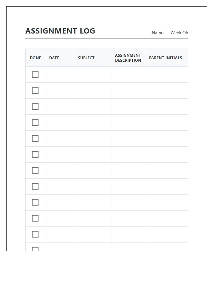 Grade School Assignment Log Printable Chart