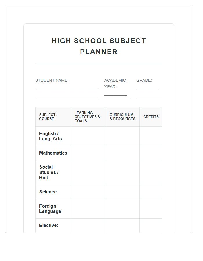 High School Subject Planner Printable Chart