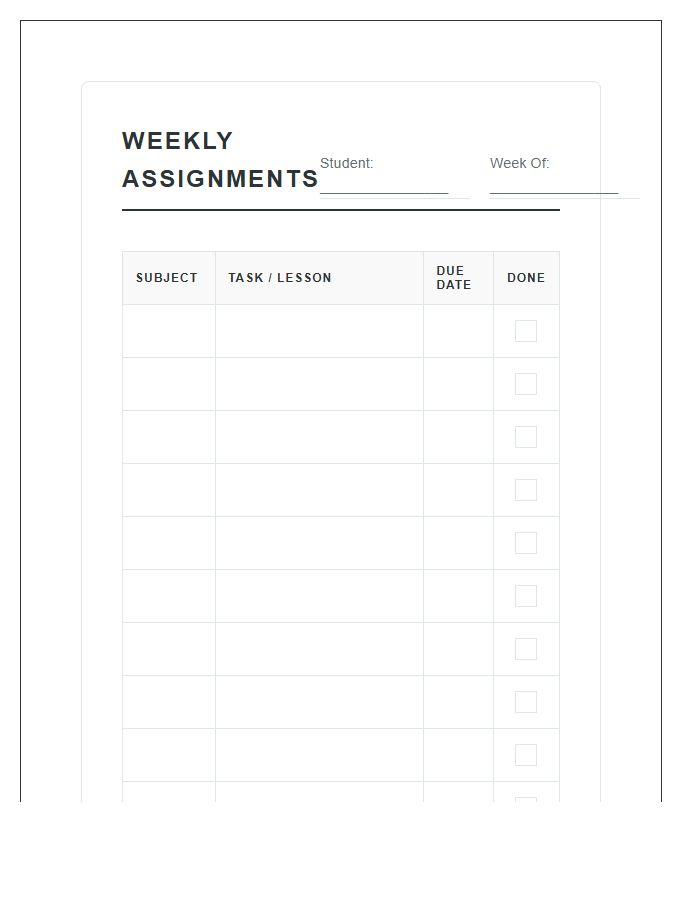 Homeschool Student Assignment Printable Chart