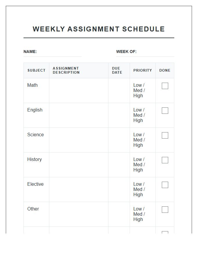 Middle School Assignment Schedule Printable Chart