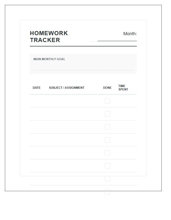 Monthly Homework Goal Tracker Printable Chart