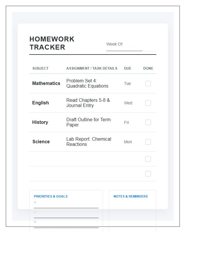 Productive Student Homework Printable Chart