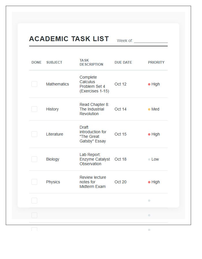 Student Academic Task List Printable Chart