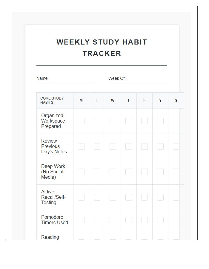 Student Study Habit Printable Chart