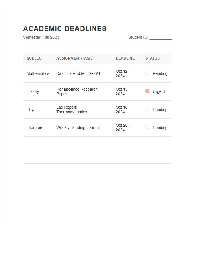 Student Subject Deadline Printable Chart