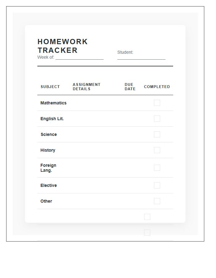 Subject Wise Homework Tracker Printable Chart