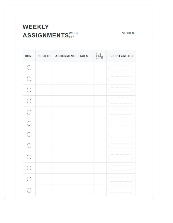 Weekly Assignment Tracking Sheet Printable Chart