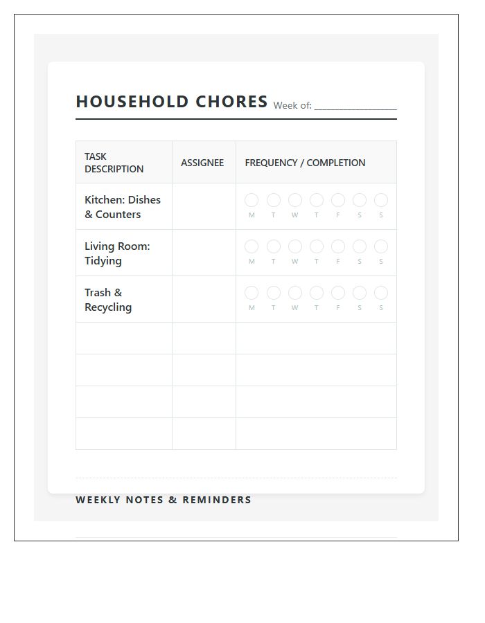 Basic Household Chore Organization Printable Chart