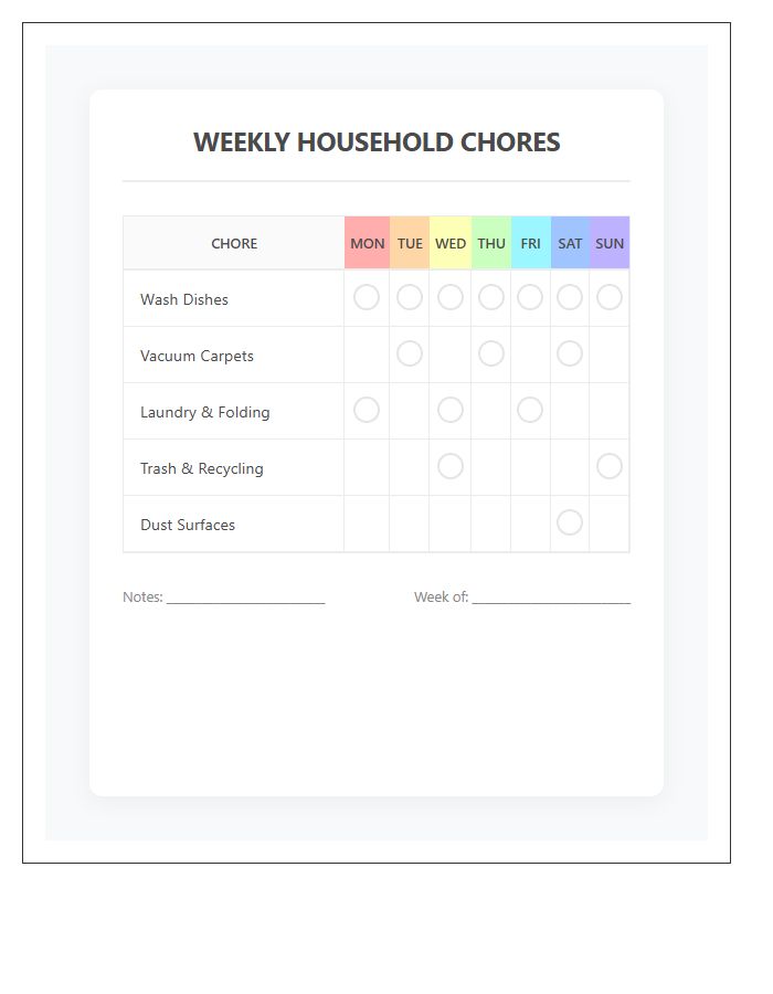 Color Coded Household Chore Printable Chart