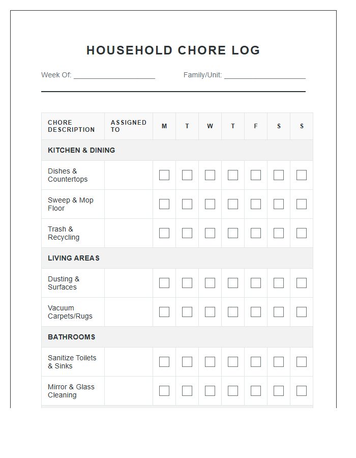 Comprehensive Household Chore Log Printable Chart