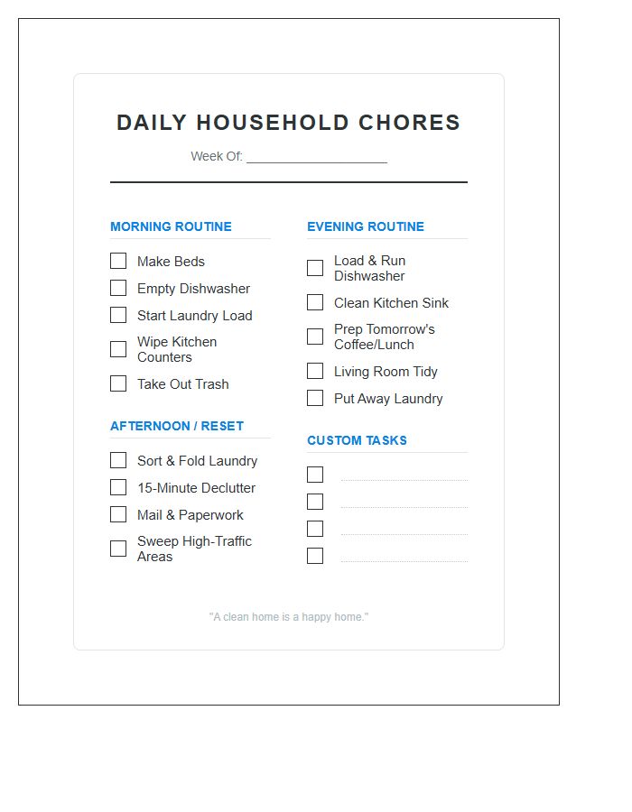 Daily Household Chore List Printable Chart