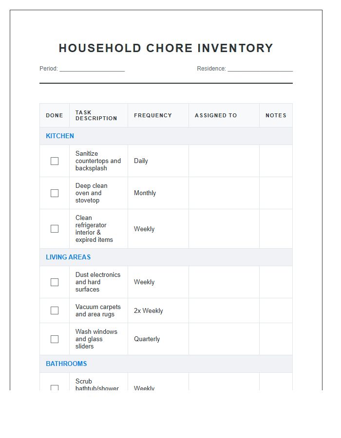 Detailed Household Chore Inventory Printable Chart