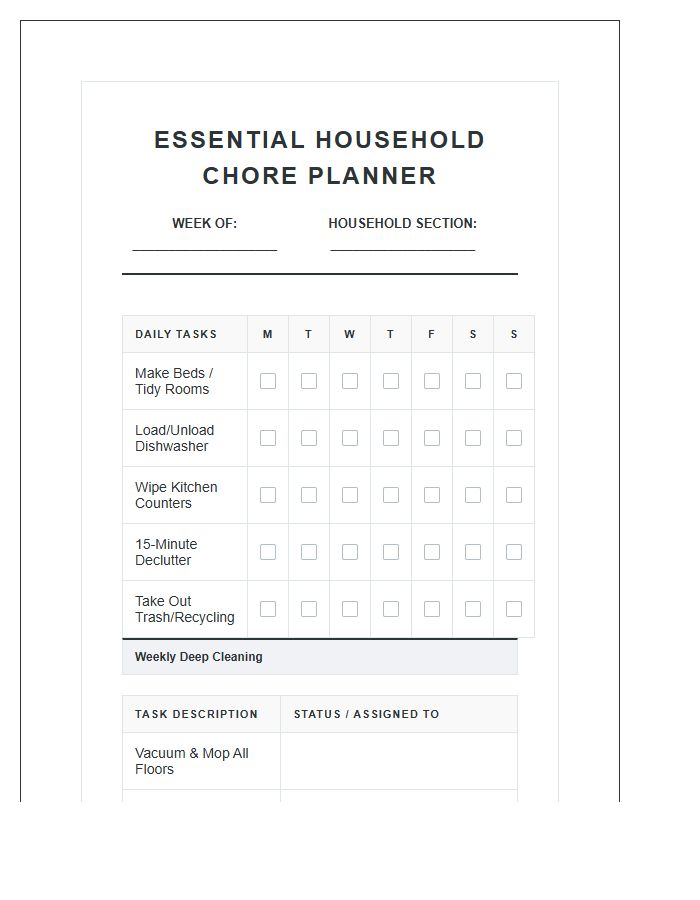 Essential Household Chore Planner Printable Chart
