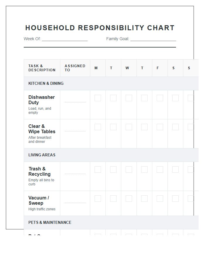 Family Household Chore Responsibility Printable Chart