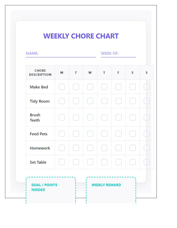 Kids Household Chore Reward Printable Chart