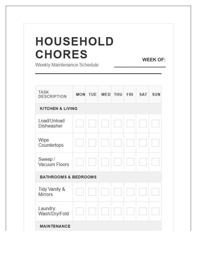 Large Format Household Chore Printable Chart