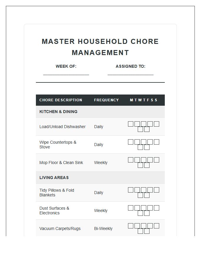 Master Household Chore Management Printable Chart