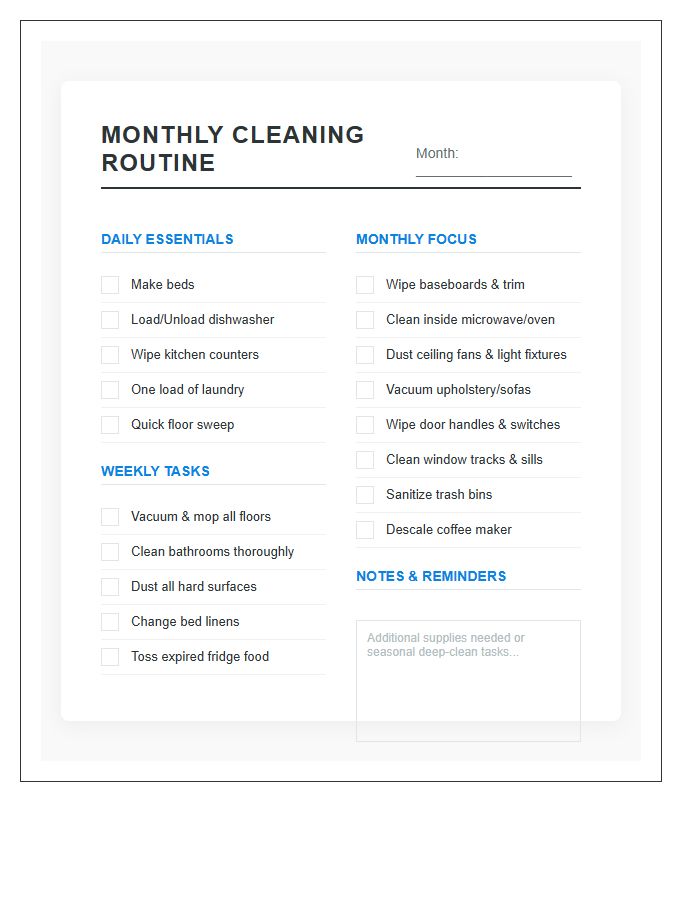 Monthly Household Cleaning Routine Printable Chart