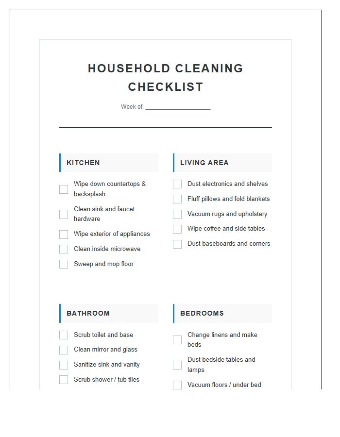 Room By Room Household Cleaning Printable Chart