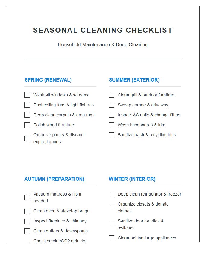 Seasonal Household Cleaning Printable Chart