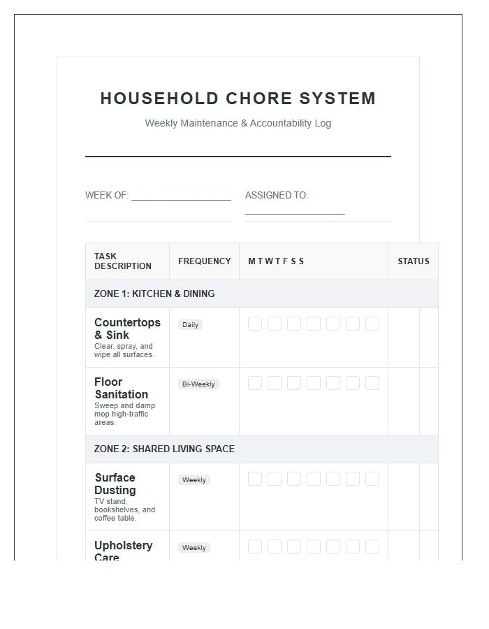 Structured Household Chore System Printable Chart
