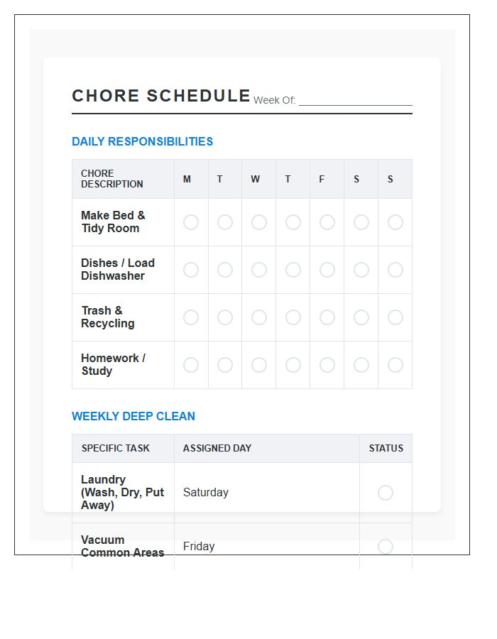 Teenager Household Chore Schedule Printable Chart