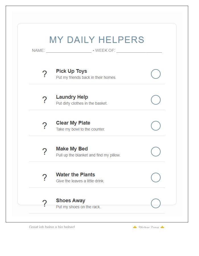 Toddler Household Chore Visual Printable Chart