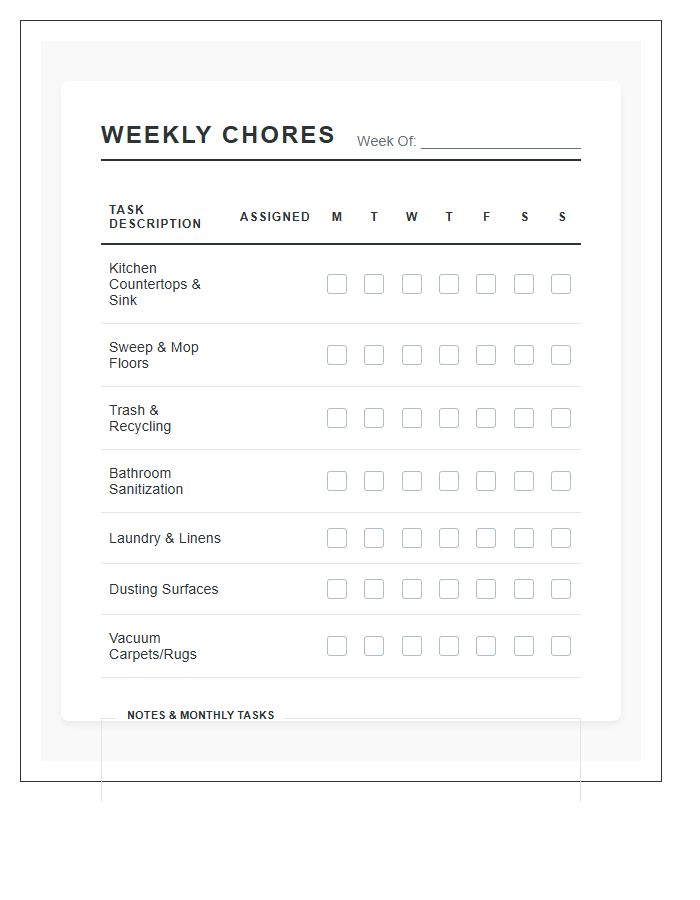 Weekly Household Chore Checklist Printable Chart