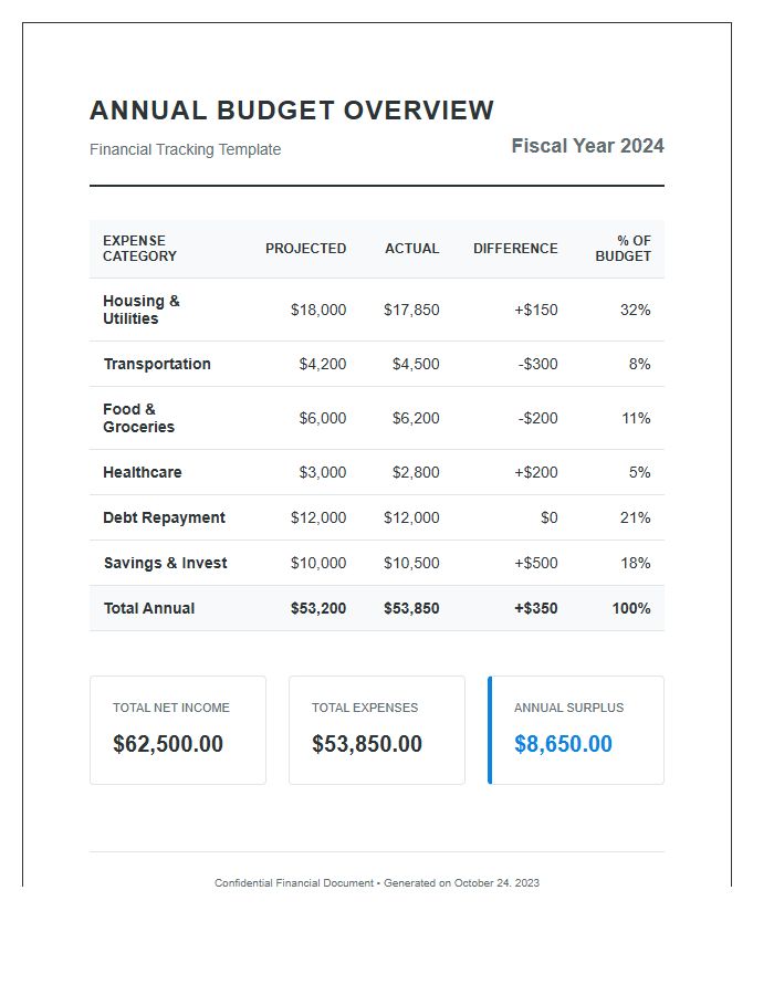 Annual Budget Overview Printable Chart