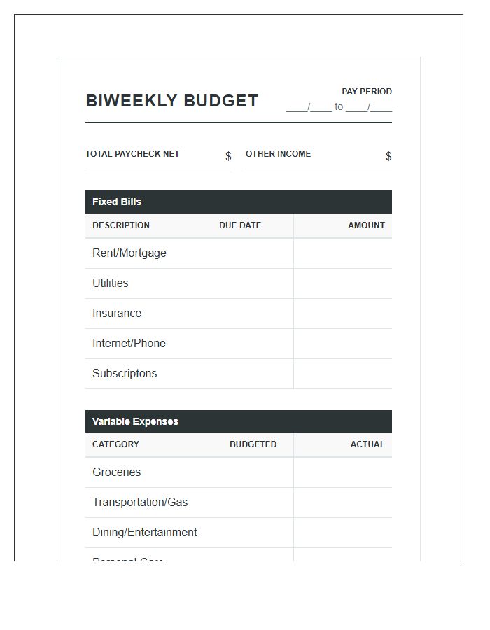 Biweekly Paycheck Budget Printable Chart