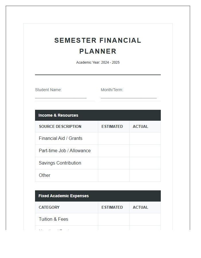 College Student Finance Printable Chart