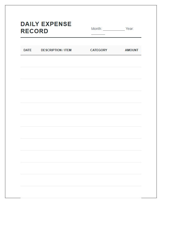 Daily Expense Record Printable Chart
